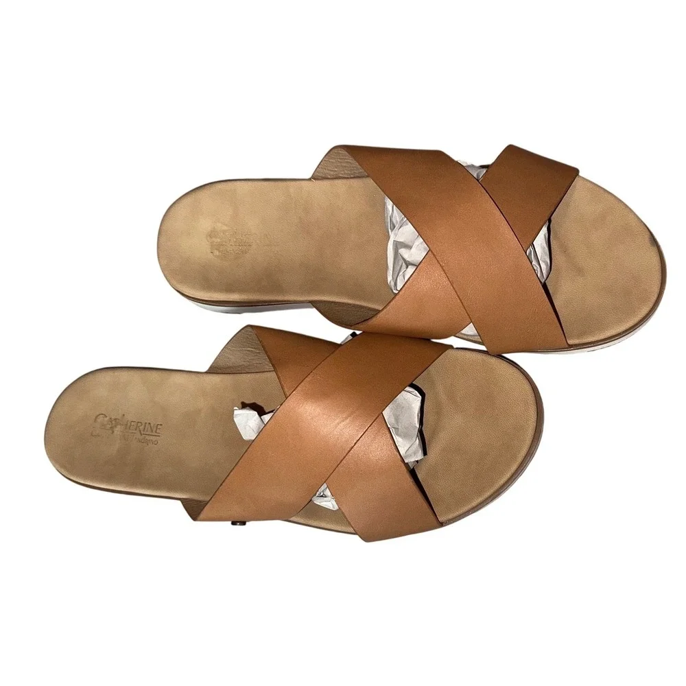 Catherine Catherine Malandrino Tan Brown Cross Strap Slide Sandals Women 9.5